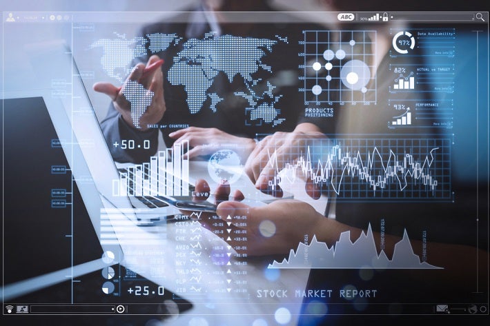 Abstract image of charts and numbers with a world map in the background
